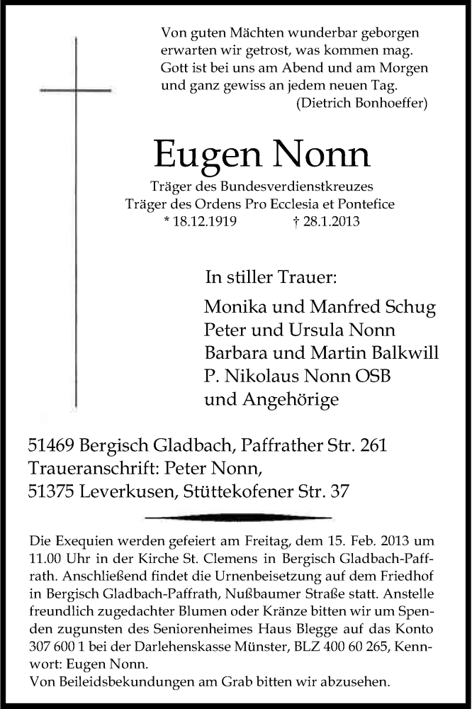  Traueranzeige für Eugen Nonn vom 09.02.2013 aus Kölner Stadt-Anzeiger / Kölnische Rundschau / Express