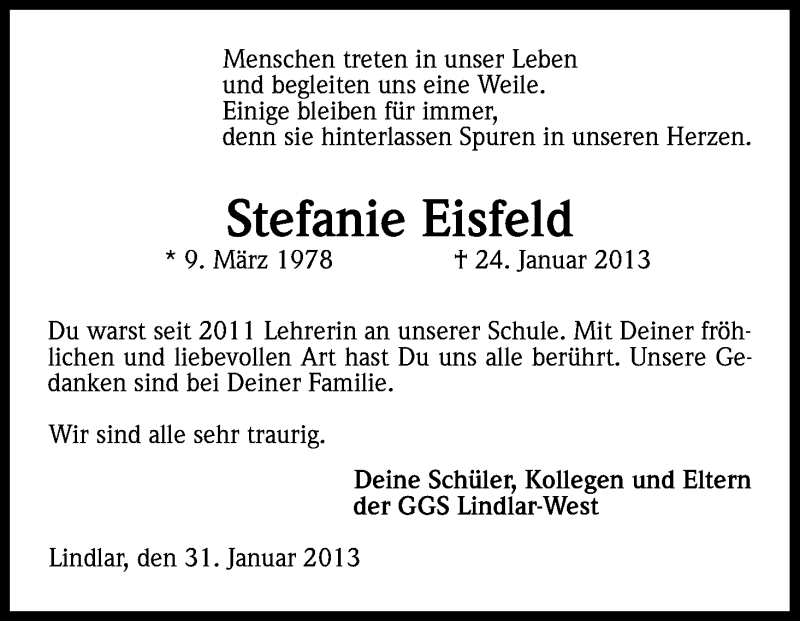  Traueranzeige für Stefanie Eisfeld vom 31.01.2013 aus Kölner Stadt-Anzeiger / Kölnische Rundschau / Express