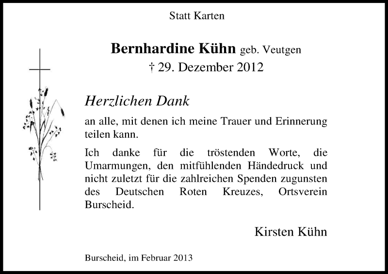  Traueranzeige für Bernhardine Kühn vom 02.02.2013 aus Kölner Stadt-Anzeiger / Kölnische Rundschau / Express