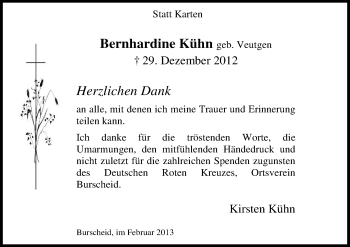 Anzeige von Bernhardine Kühn von Kölner Stadt-Anzeiger / Kölnische Rundschau / Express