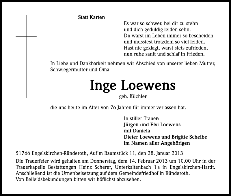  Traueranzeige für Inge Loewens vom 02.02.2013 aus Kölner Stadt-Anzeiger / Kölnische Rundschau / Express
