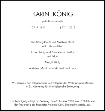 Anzeige von Karin König von Kölner Stadt-Anzeiger / Kölnische Rundschau / Express
