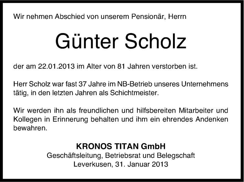  Traueranzeige für Günter Scholz vom 31.01.2013 aus Kölner Stadt-Anzeiger / Kölnische Rundschau / Express