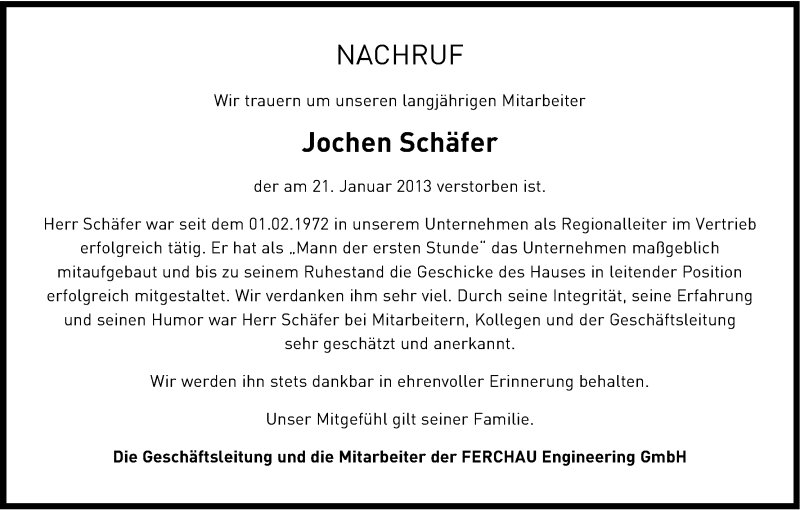  Traueranzeige für Jochen Schäfer vom 31.01.2013 aus Kölner Stadt-Anzeiger / Kölnische Rundschau / Express