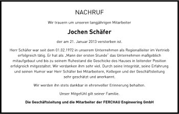 Anzeige von Jochen Schäfer von Kölner Stadt-Anzeiger / Kölnische Rundschau / Express