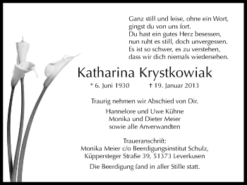 Anzeige von Katharina Krystkowiak von Kölner Stadt-Anzeiger / Kölnische Rundschau / Express