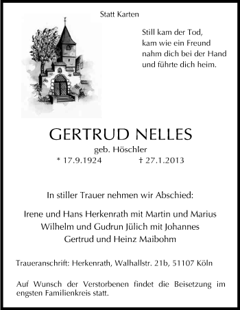 Anzeige von Gertrud Nelles von Kölner Stadt-Anzeiger / Kölnische Rundschau / Express