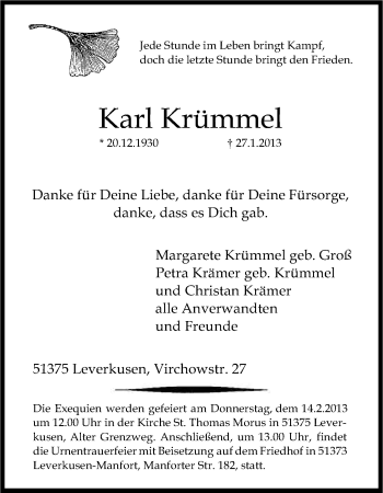 Anzeige von Karl Krümmel von Kölner Stadt-Anzeiger / Kölnische Rundschau / Express
