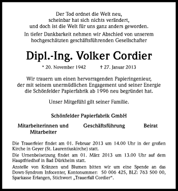 Anzeige von Volker Cordier von Kölner Stadt-Anzeiger / Kölnische Rundschau / Express