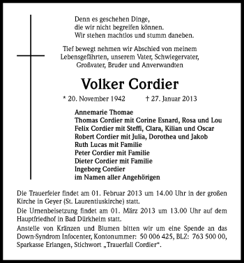 Anzeige von Volker Cordier von Kölner Stadt-Anzeiger / Kölnische Rundschau / Express