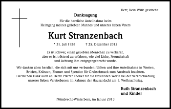 Anzeige von Kurt Stranzenbach von Kölner Stadt-Anzeiger / Kölnische Rundschau / Express