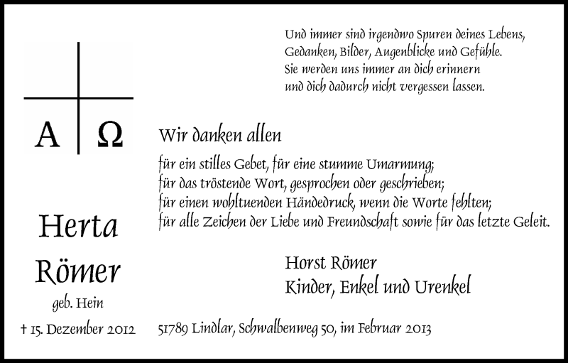  Traueranzeige für Herta Römer vom 02.02.2013 aus Kölner Stadt-Anzeiger / Kölnische Rundschau / Express