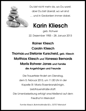 Anzeige von Karin Kliesch von Kölner Stadt-Anzeiger / Kölnische Rundschau / Express