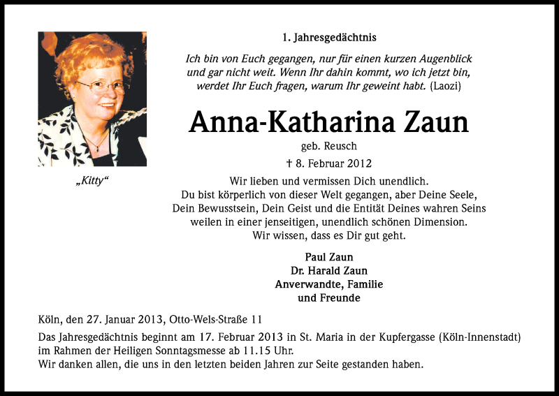  Traueranzeige für Anna-Katharina Zaun vom 09.02.2013 aus Kölner Stadt-Anzeiger / Kölnische Rundschau / Express