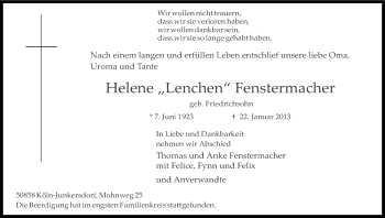 Anzeige von Helene Fenstermacher von Kölner Stadt-Anzeiger / Kölnische Rundschau / Express