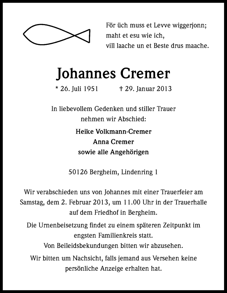  Traueranzeige für Johannes Cremer vom 31.01.2013 aus Kölner Stadt-Anzeiger / Kölnische Rundschau / Express