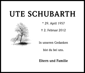 Anzeige von Ute Schubarth von Kölner Stadt-Anzeiger / Kölnische Rundschau / Express