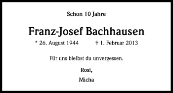 Anzeige von Franz-Josef Bachhausen von Kölner Stadt-Anzeiger / Kölnische Rundschau / Express