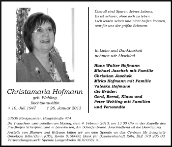 Anzeige von Christamaria Hoffmann von Kölner Stadt-Anzeiger / Kölnische Rundschau / Express