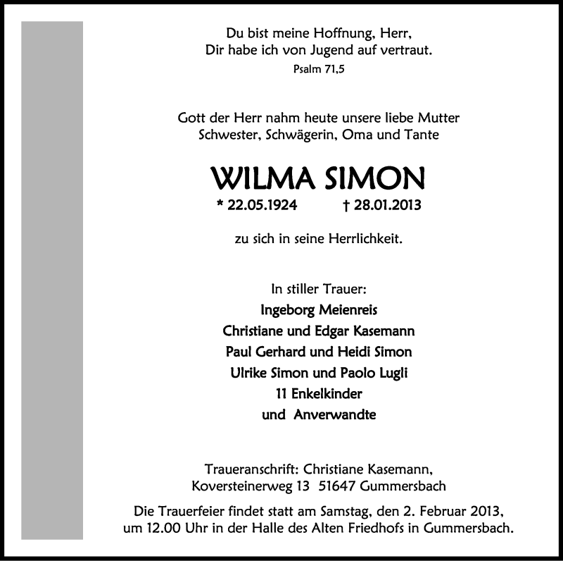  Traueranzeige für Wilma Simon vom 31.01.2013 aus Kölner Stadt-Anzeiger / Kölnische Rundschau / Express