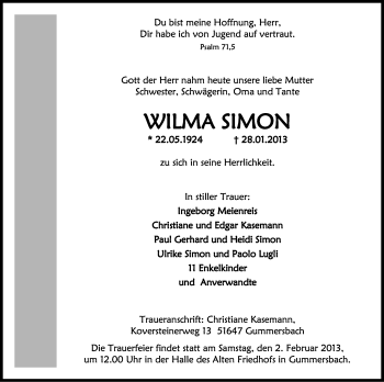 Anzeige von Wilma Simon von Kölner Stadt-Anzeiger / Kölnische Rundschau / Express