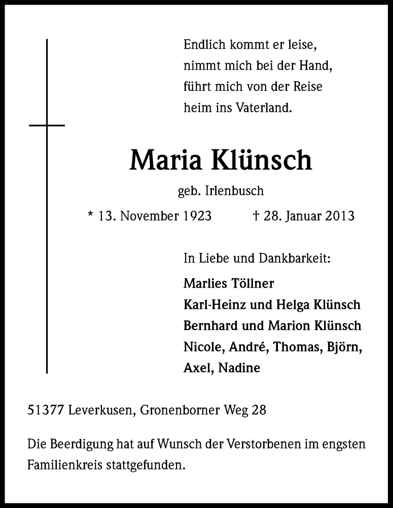  Traueranzeige für Maria Klünsch vom 02.02.2013 aus Kölner Stadt-Anzeiger / Kölnische Rundschau / Express