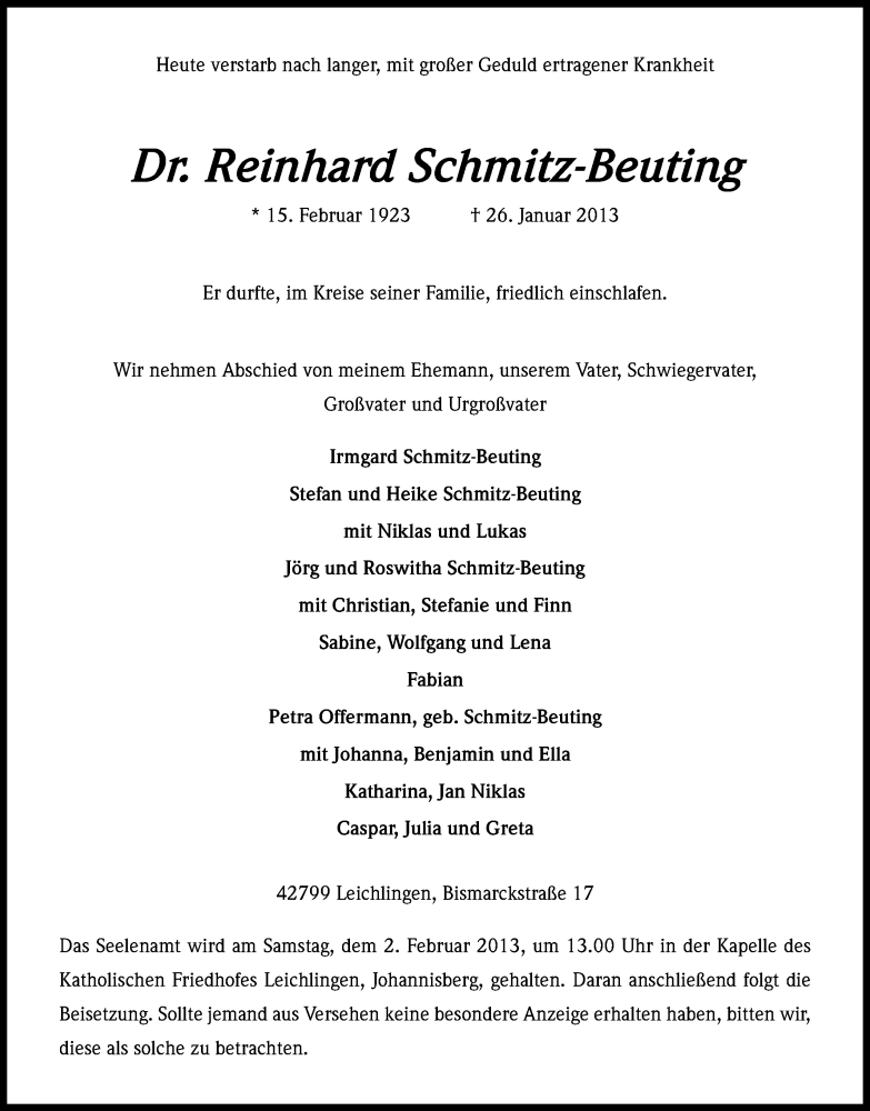  Traueranzeige für Reinhard Schmitz-Beuting vom 31.01.2013 aus Kölner Stadt-Anzeiger / Kölnische Rundschau / Express