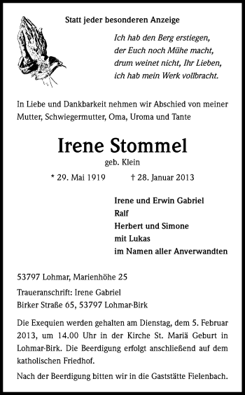 Anzeige von Irene Stommel von Kölner Stadt-Anzeiger / Kölnische Rundschau / Express