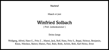 Anzeige von Winfried Solbach von Kölner Stadt-Anzeiger / Kölnische Rundschau / Express