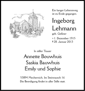 Anzeige von Ingrid Lehmann von Kölner Stadt-Anzeiger / Kölnische Rundschau / Express