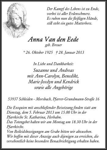 Anzeige von Anna van den Eede von Kölner Stadt-Anzeiger / Kölnische Rundschau / Express