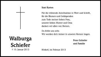 Anzeige von Walburga Schiefer von Kölner Stadt-Anzeiger / Kölnische Rundschau / Express