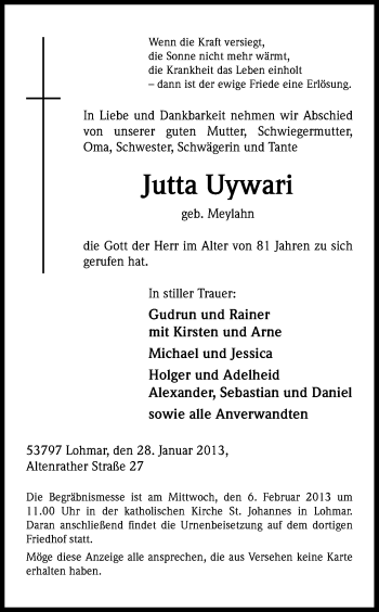 Anzeige von Jutta Uywari von Kölner Stadt-Anzeiger / Kölnische Rundschau / Express