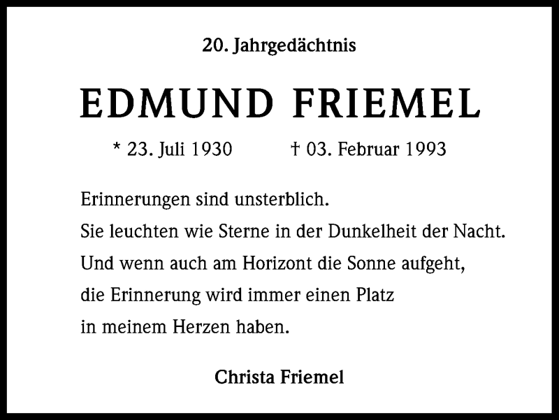  Traueranzeige für Edmund Friemel vom 02.02.2013 aus Kölner Stadt-Anzeiger / Kölnische Rundschau / Express