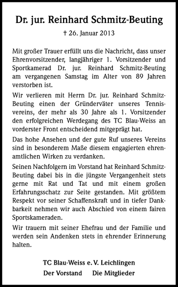 Anzeige von Reinhard Schmitz-Beuting von Kölner Stadt-Anzeiger / Kölnische Rundschau / Express
