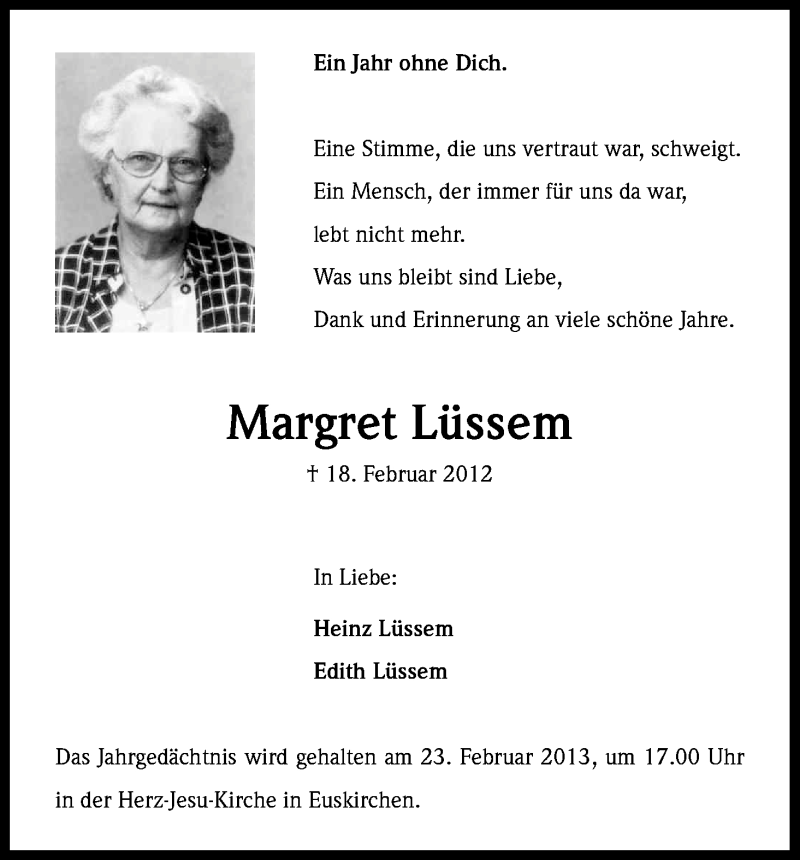  Traueranzeige für Margret Lüssem vom 16.02.2013 aus Kölner Stadt-Anzeiger / Kölnische Rundschau / Express