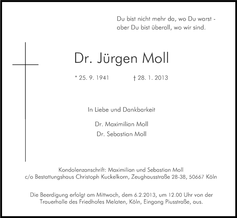  Traueranzeige für Jürgen Moll vom 01.02.2013 aus Kölner Stadt-Anzeiger / Kölnische Rundschau / Express