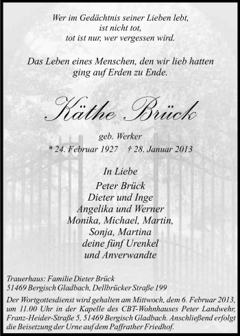 Anzeige von Käthe Brück von Kölner Stadt-Anzeiger / Kölnische Rundschau / Express