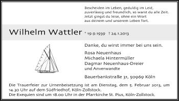 Anzeige von Wilhelm Wattler von Kölner Stadt-Anzeiger / Kölnische Rundschau / Express