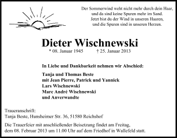 Anzeige von Dieter Wischnewski von Kölner Stadt-Anzeiger / Kölnische Rundschau / Express