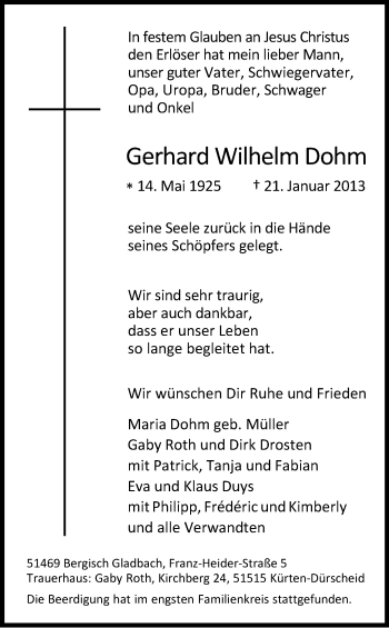 Anzeige von Gerhard Wilhelm Dohm von Kölner Stadt-Anzeiger / Kölnische Rundschau / Express