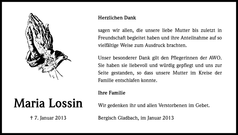 Traueranzeige für Maria Lossin vom 02.02.2013 aus Kölner Stadt-Anzeiger / Kölnische Rundschau / Express