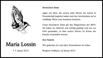 Anzeige von Maria Lossin von Kölner Stadt-Anzeiger / Kölnische Rundschau / Express