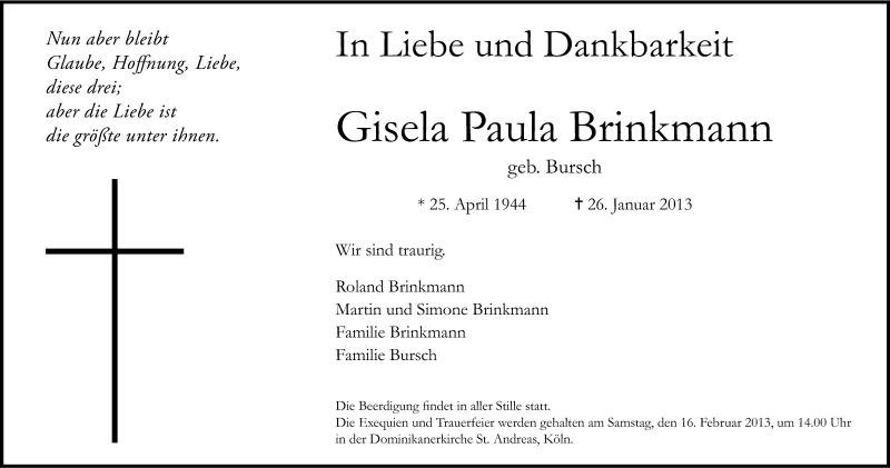  Traueranzeige für Gisela Paula Brinkmann vom 02.02.2013 aus Kölner Stadt-Anzeiger / Kölnische Rundschau / Express