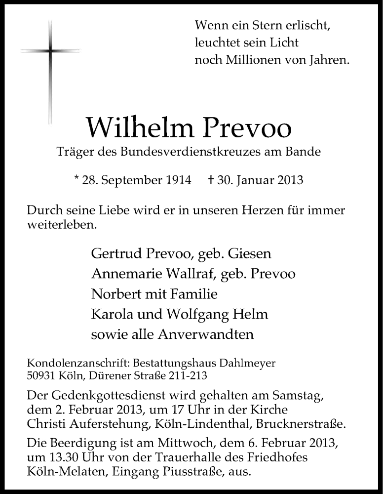  Traueranzeige für Wilhelm Prevoo vom 02.02.2013 aus Kölner Stadt-Anzeiger / Kölnische Rundschau / Express