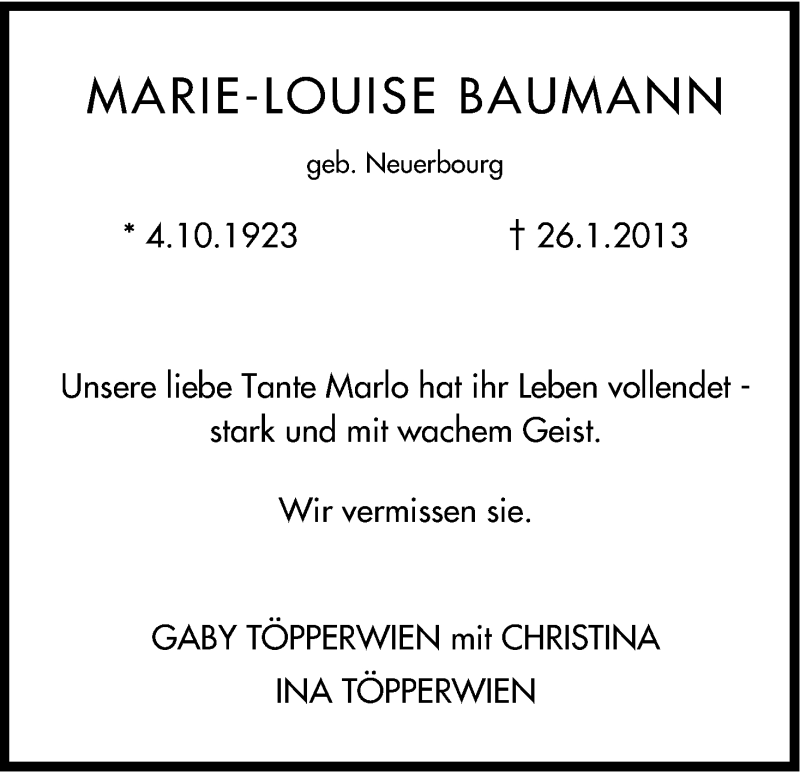  Traueranzeige für Marie-Louise Baumann vom 02.02.2013 aus Kölner Stadt-Anzeiger / Kölnische Rundschau / Express