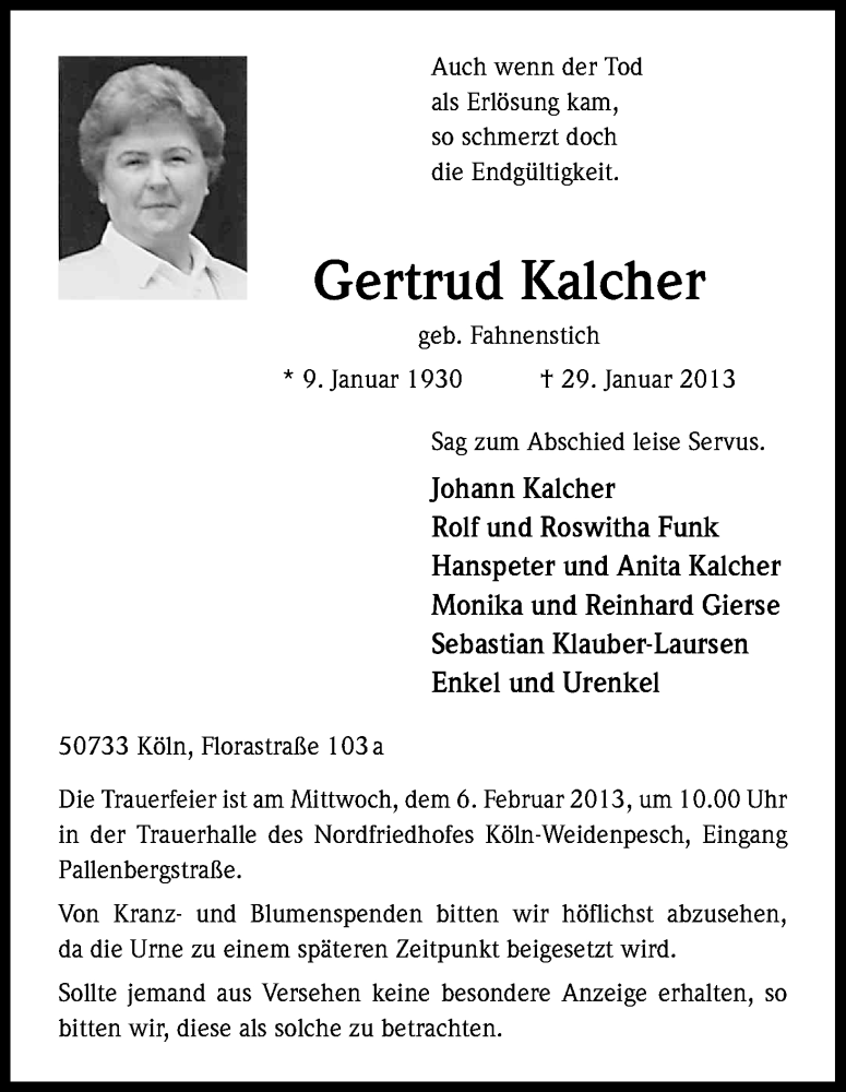  Traueranzeige für Gertrud Kalcher vom 02.02.2013 aus Kölner Stadt-Anzeiger / Kölnische Rundschau / Express
