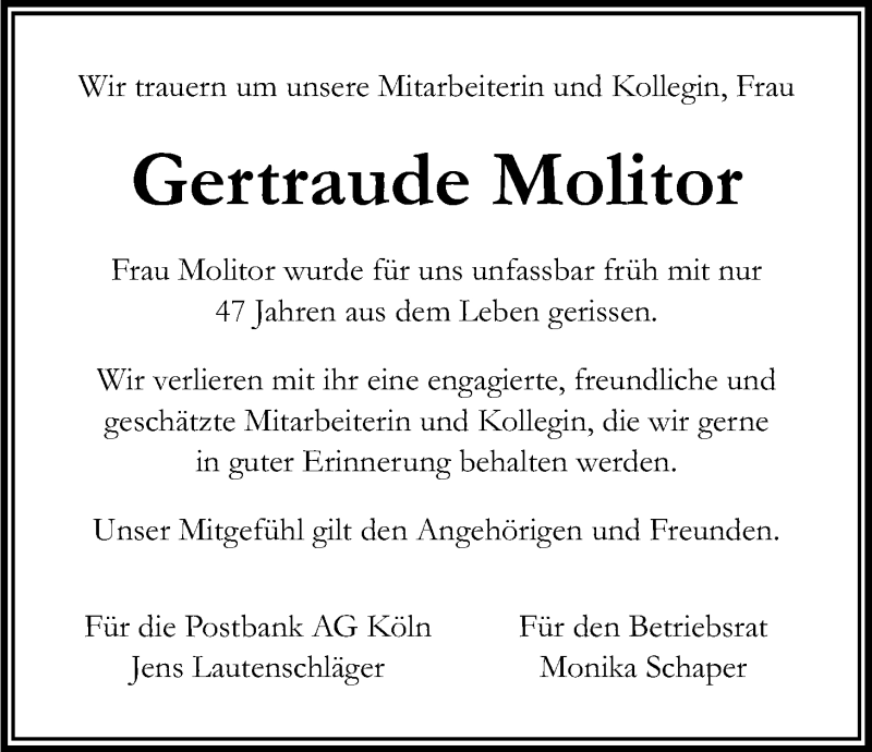  Traueranzeige für Gertraude Molitor vom 01.02.2013 aus Kölner Stadt-Anzeiger / Kölnische Rundschau / Express