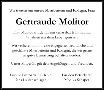Anzeige von Gertraude Molitor von Kölner Stadt-Anzeiger / Kölnische Rundschau / Express