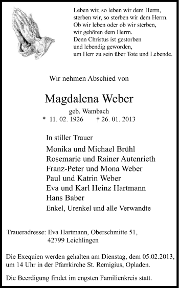 Anzeige von Magdalena Weber von Kölner Stadt-Anzeiger / Kölnische Rundschau / Express